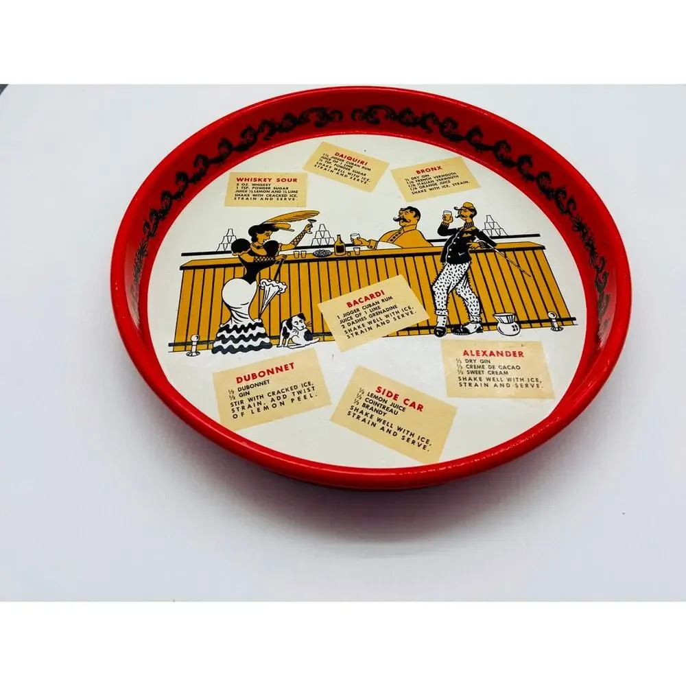 MCM Round Metal Cocktail Serving Tray - Cool Design - Classic Recipes